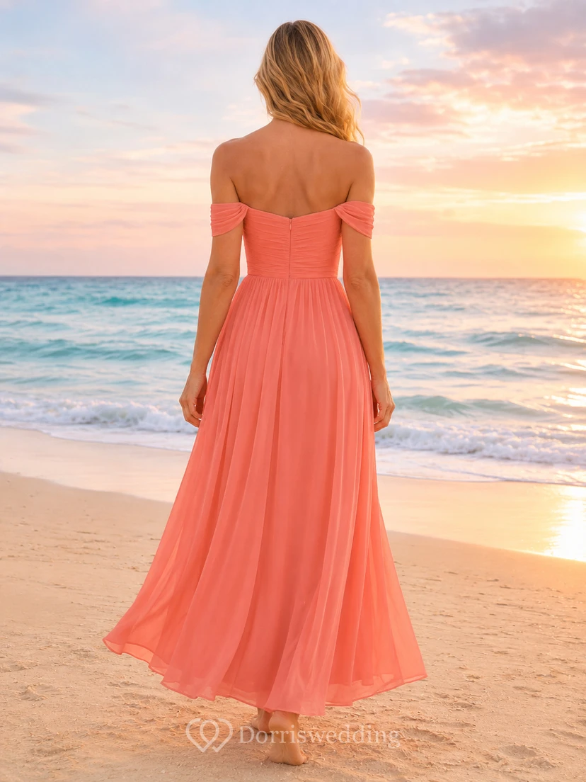 Coral Off Shoulder Chiffon Floor Length A Line Beach Dress view 2