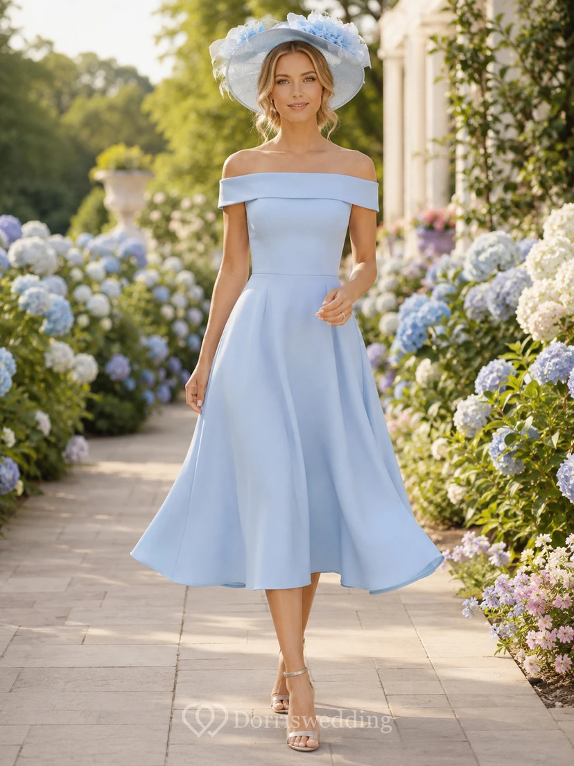 Light Blue Off Shoulder Derby Garden Tea Dress