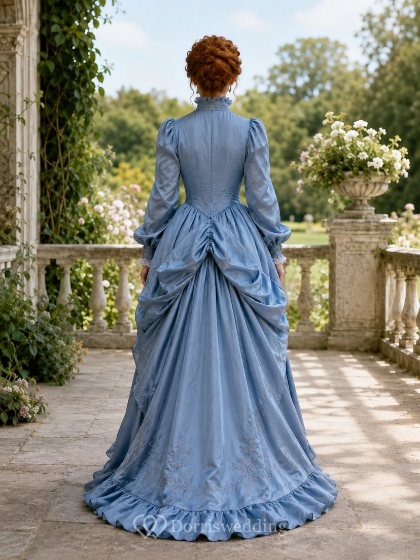 Steel Blue High-Neck Long-Sleeve Taffeta Ball-Gown Floor-length Sweep Bustled Vintage Formal Gown view 2