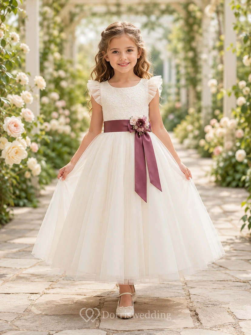 Flower Girl Dress A-Line Cream Plum Sash Tulle Flutter Sleeve Garden