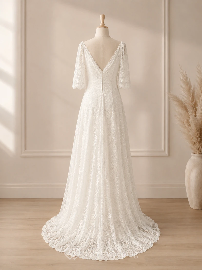 Half-sleeve V-neck Lace Boho Country Empire Wedding Dress view 8