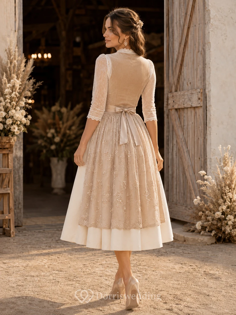 Taupe Elegant Bridal Dirndl Square Neck Three Quarter Lace Sleeve Tea Wedding Dress view 2