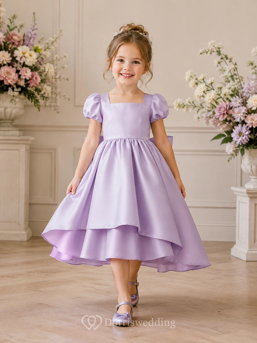 Flower Girl Dress Lavender Satin A-Line Short Sleeve Square Neck Tea Length Bow Detail
