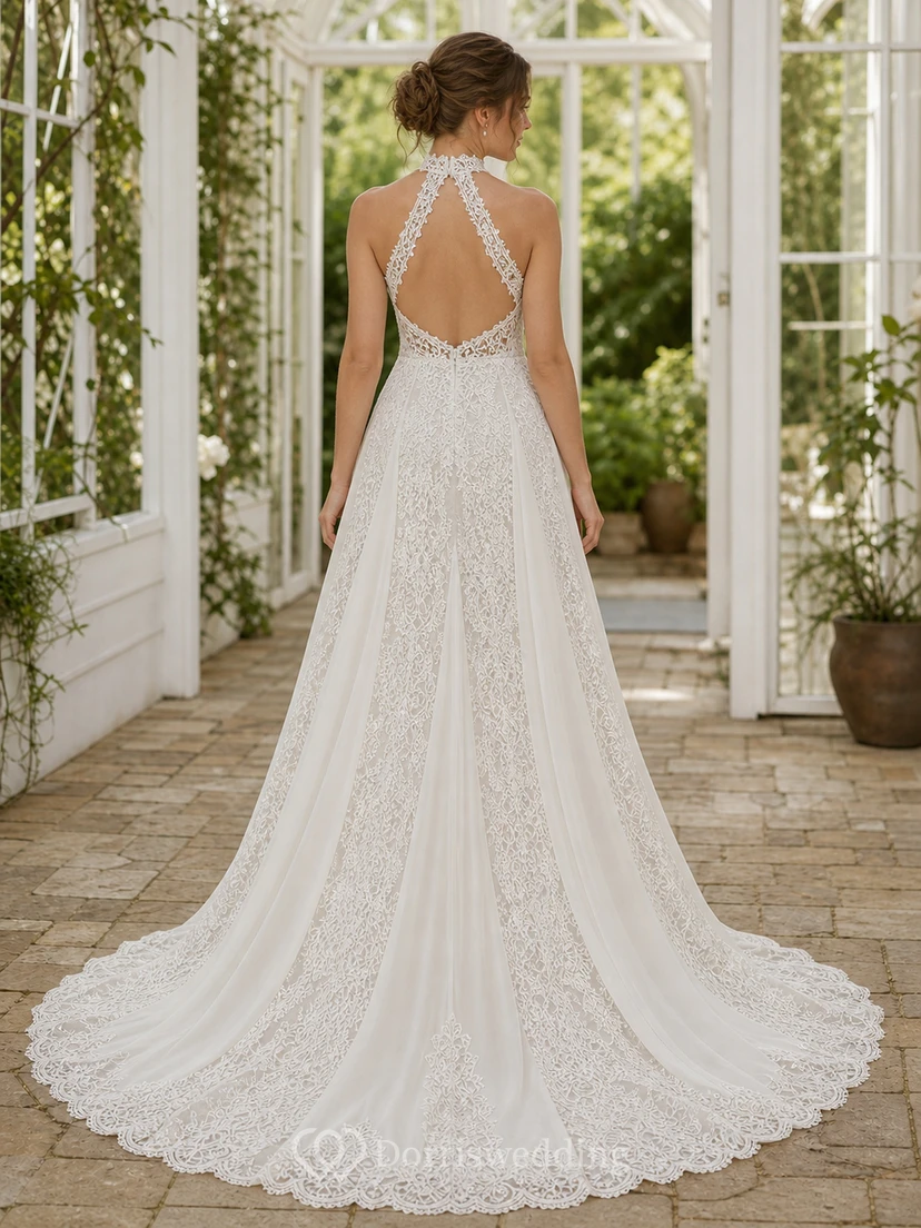 Vestido de novia sexy sin mangas, corte A, escote halter, espalda cruzada, encaje filigrana y cola catedral view 2