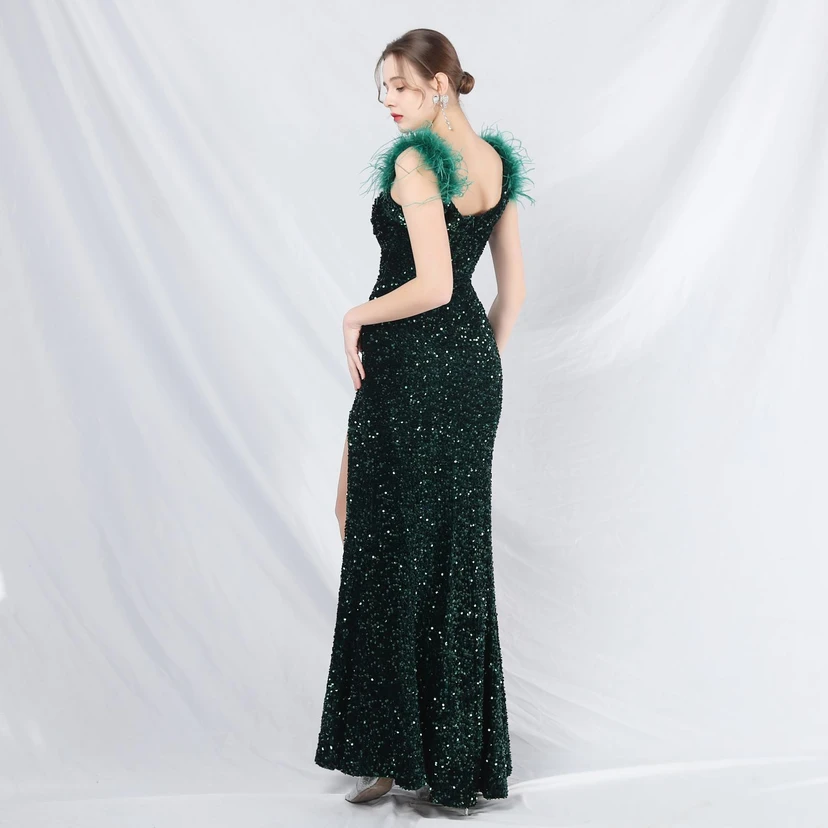 Craft Beaded Ostrich Feather Plush Sequined Long Evening Dress view 51