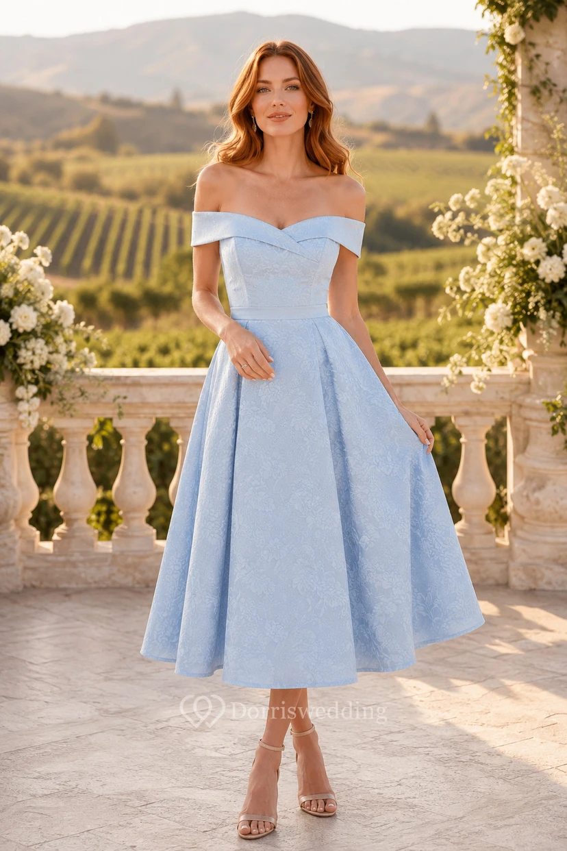Sky Blue Off-the-Shoulder Satin Tea-Length A-Line Dress