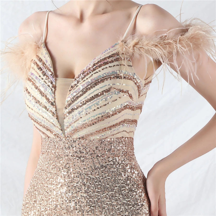 Elegantes Abendkleid mit Straußenfedern und Perlen, sexy, lang, mit Trägern und Schlitz view 18