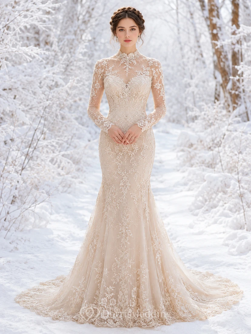 Vestido de novia de sirena de manga larga con encaje y efecto ilusión invernal