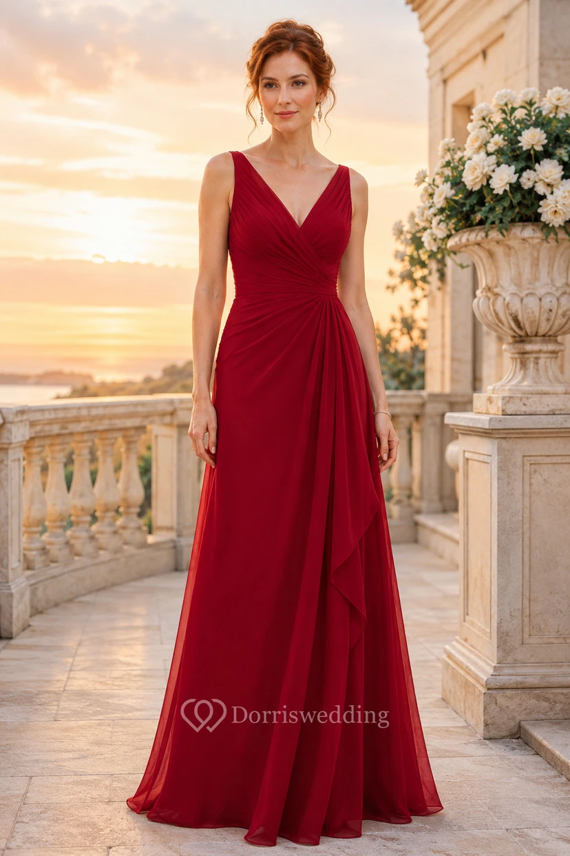 Evening Gown Red Chiffon A-Line V-Neck Sleeveless Sweep Train