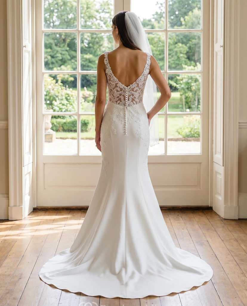 Robe de mariée sirène en dentelle avec bretelles en V, traîne chapelle et appliques view 2