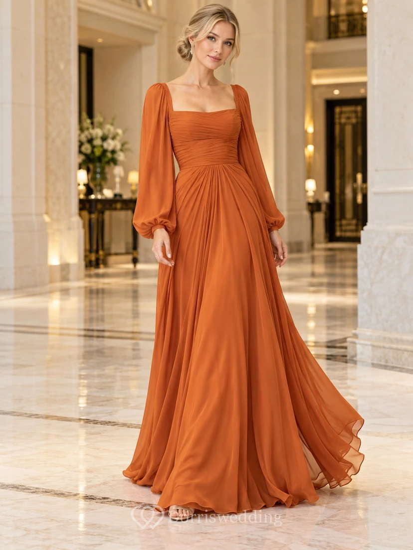 Robe de soirée en mousseline orange brûlé à col carré et manches bouffantes