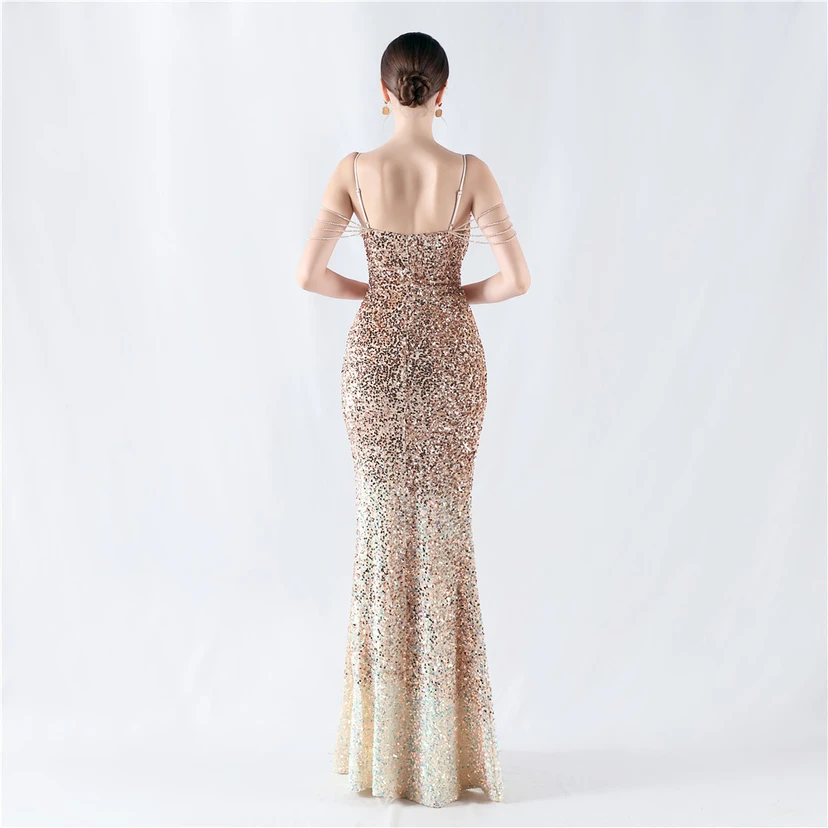 Velvet-Bottom Gradient Sequined Sexy Beaded Suspender Evening Dress view 45