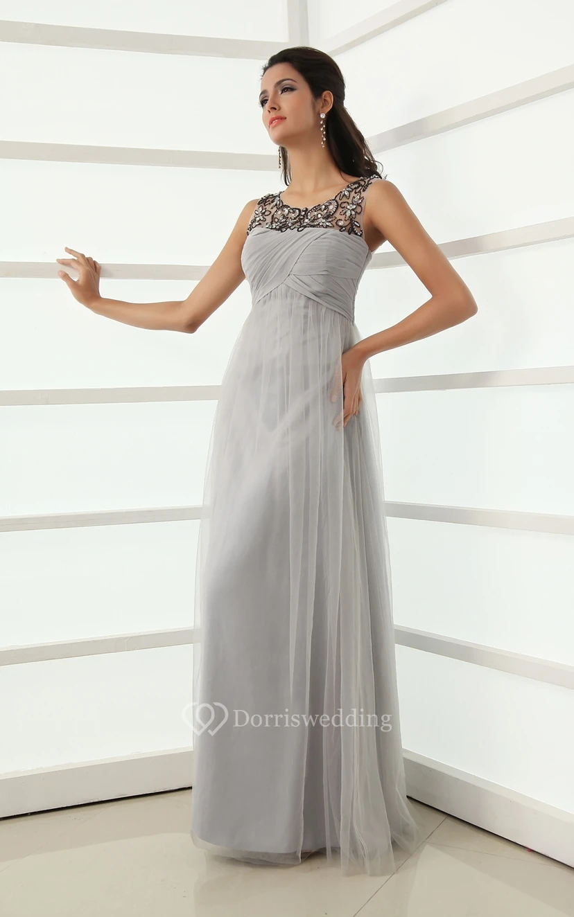 Modest Scoop Neckline Empire Tulle A-Line Gown Beading Top view 2