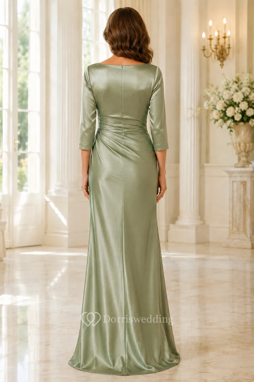 Salbeigrünes 3/4-Ärmel-Stretch-Satin-Mutterkleid mit Raffungen view 2