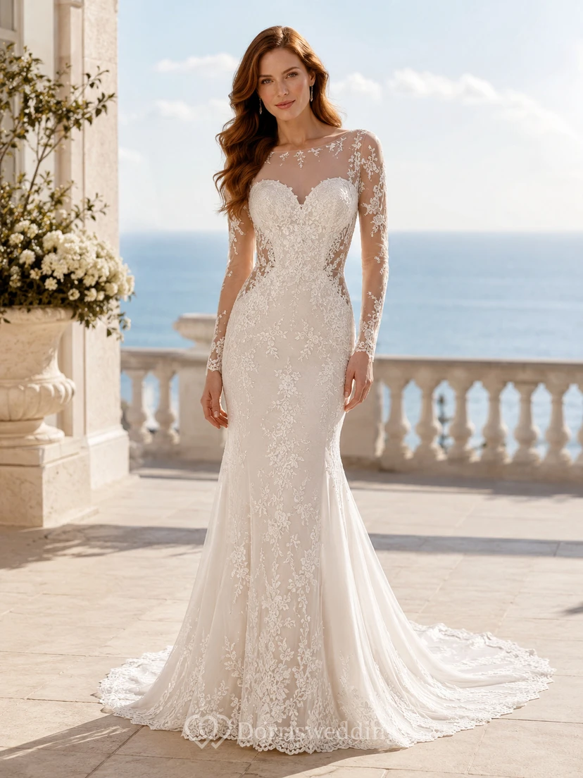Lace Tulle Wedding Dress Mermaid Strapless Sweetheart Long Sleeve Sweep Train Bridal Gown