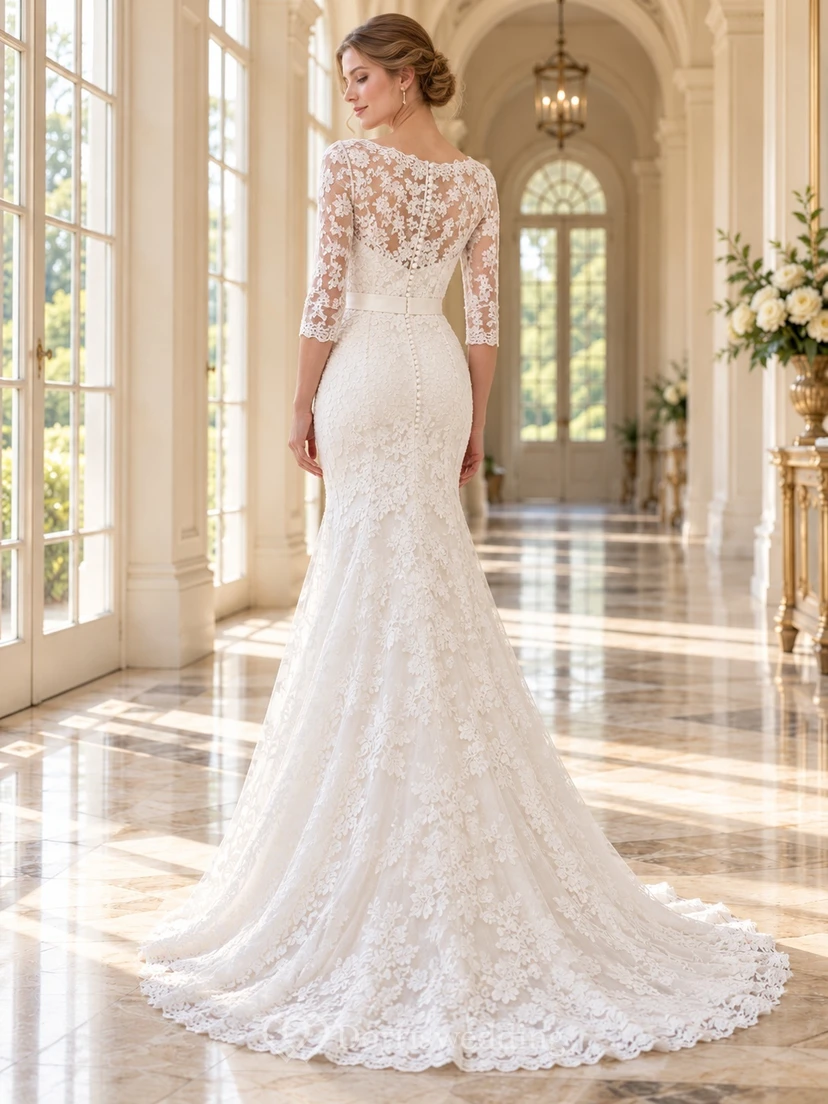 Modest Mermaid Bateau Neck Three Quarter Sleeve Lace Wedding Dress view 2