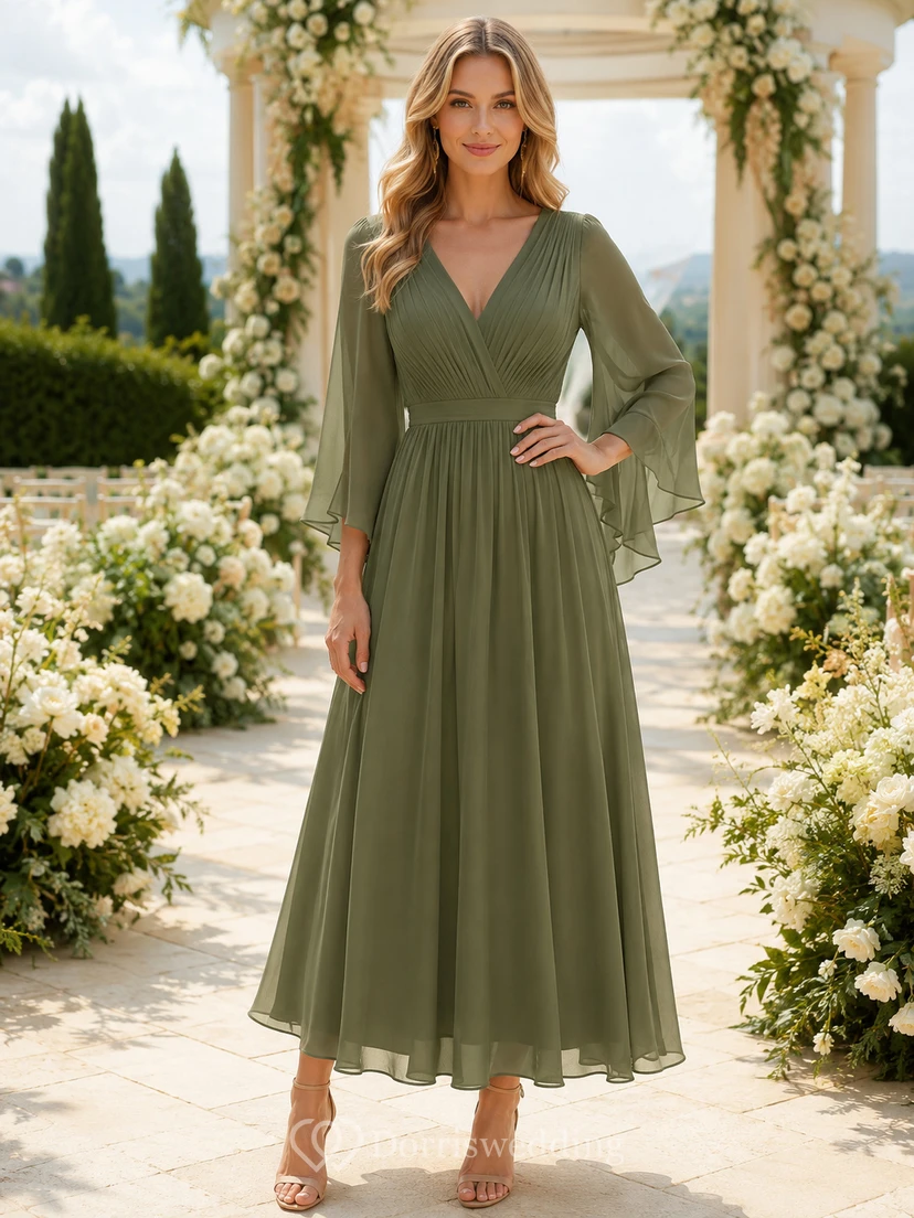 celadon V Neck Bell Sleeve Chiffon Ankle Length Guest Dress