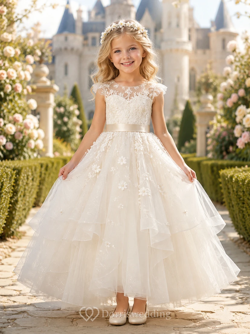 Vestido blanco romántico de tul con corte en A para niña de las flores, mangas cortas, cuello festoneado y largo hasta el suelo con apliques de encaje.