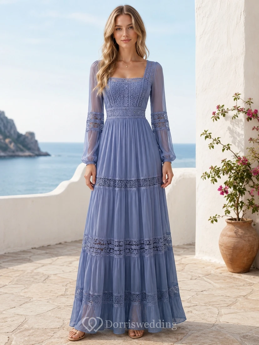 Slate Blue Square Neck Tiered Long Sleeve Bohemian Maxi Dress
