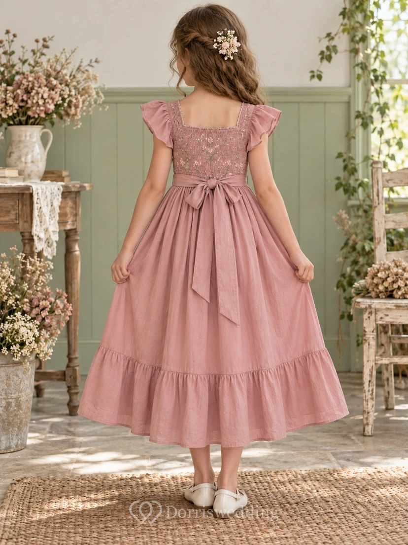 Vestido de niña de flores de corte A con cuello cuadrado, mangas acampanadas, corpiño fruncido y dobladillo con volantes, hasta la rodilla. view 2