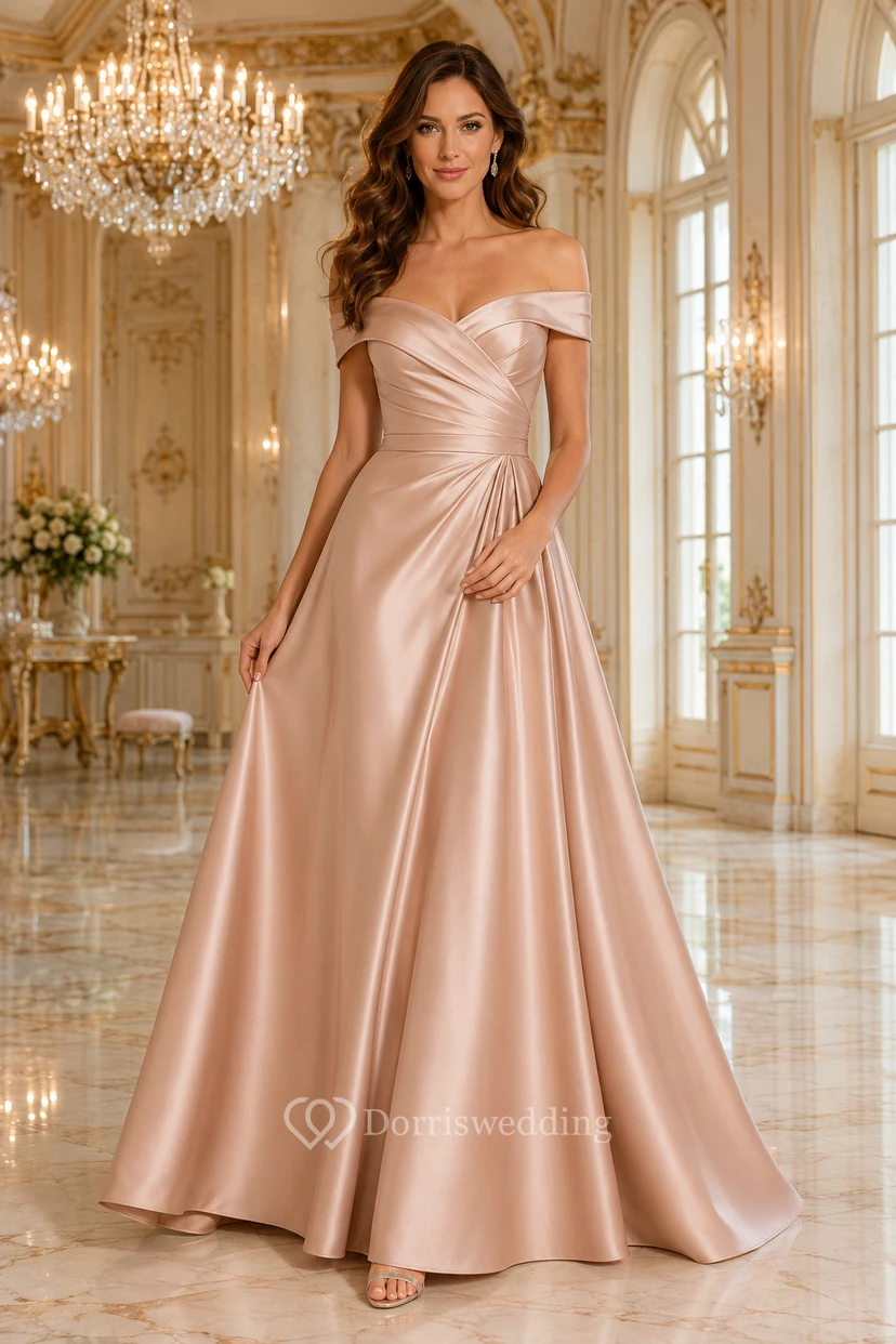 Vestido formal de satén rosa palo con escote Bardot y corte en A, con corpiño plisado, ideal para damas de honor.
