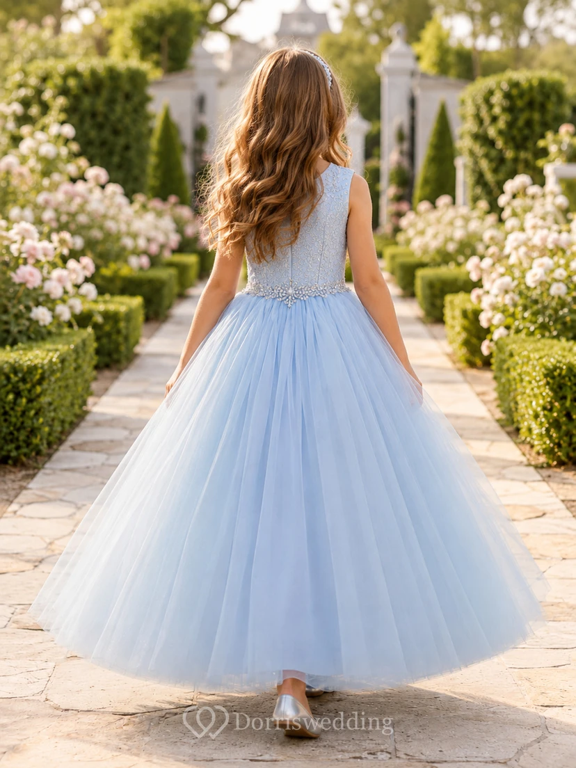 Vestido de niña de las flores azul cielo, encaje, tul, corte en A, cuello joya, largo hasta la rodilla view 2