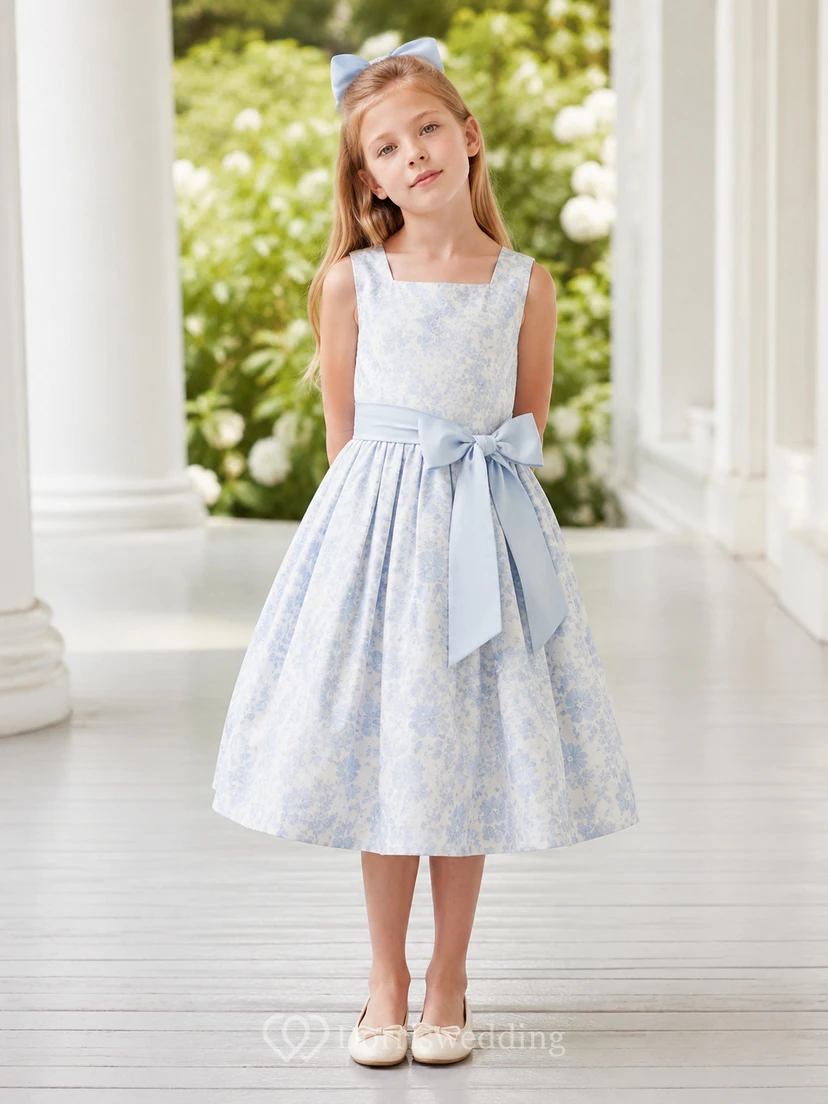 Puff Sleeve Tulle A-Line Flower Girl Dress with Jewel Neck, Tea-Length Skirt and Bow Detail
