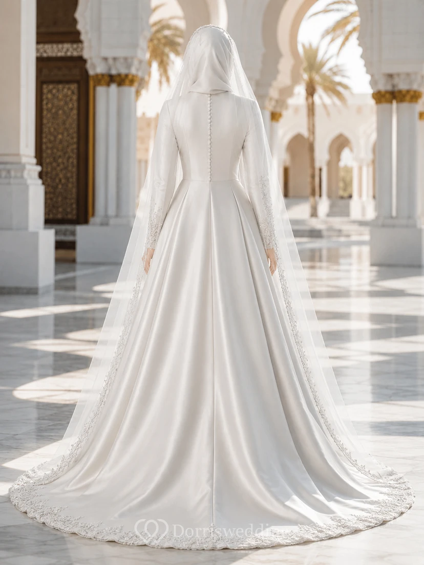 Vestido de novia musulmán modesto de satén con cuello alto y manga larga, corte en A view 2