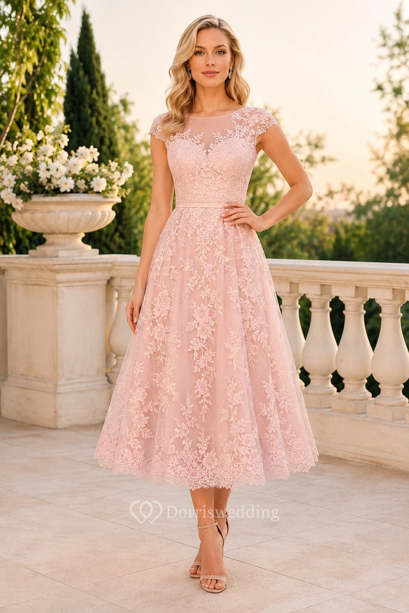 Blushing Pink Tea Length Lace A-Line Mother Dress with Cap Sleeves for Mother of the Bride and Wedding Guest Events