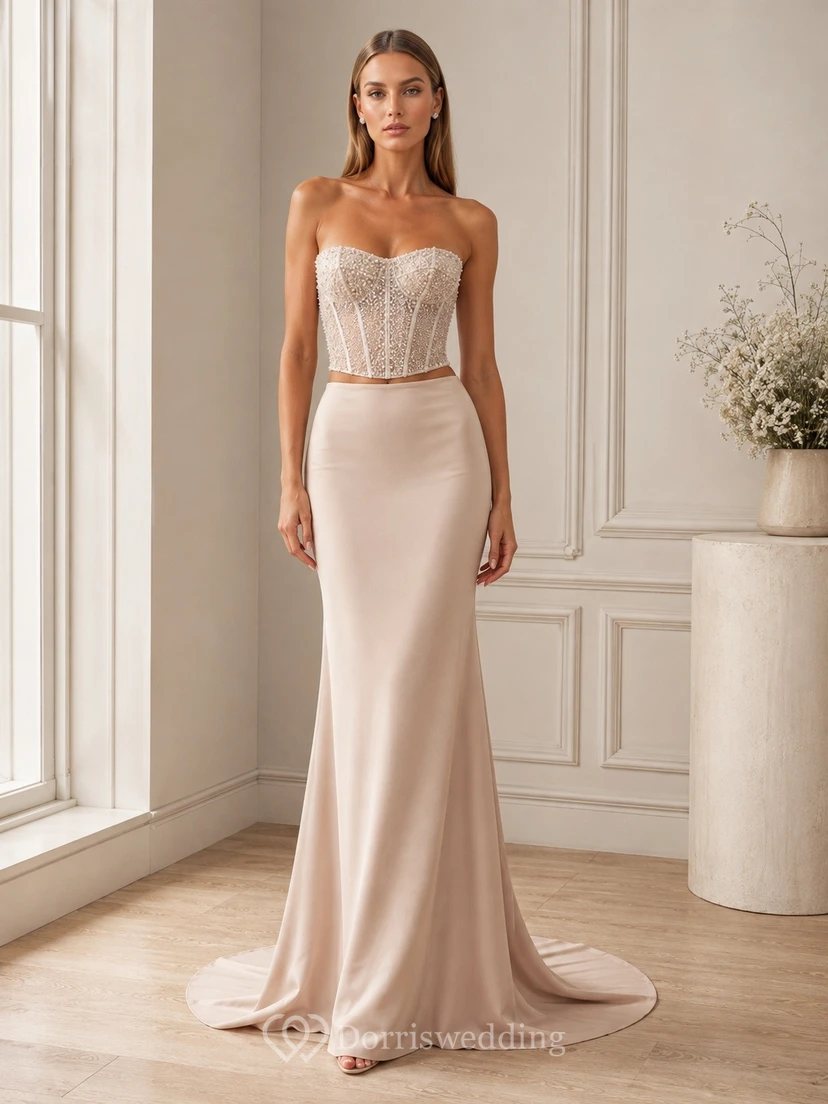 Two Modern Piece Sweetheart Satin Bridal Classic Wedding Dress