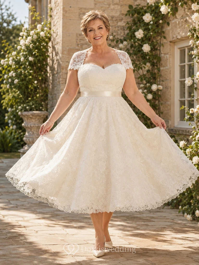 Romantisches Brautkleid in A-Linie mit Teelänge, herzförmigem Ausschnitt, kurzen Ärmeln und Spitze für ältere Bräute in großen Größen