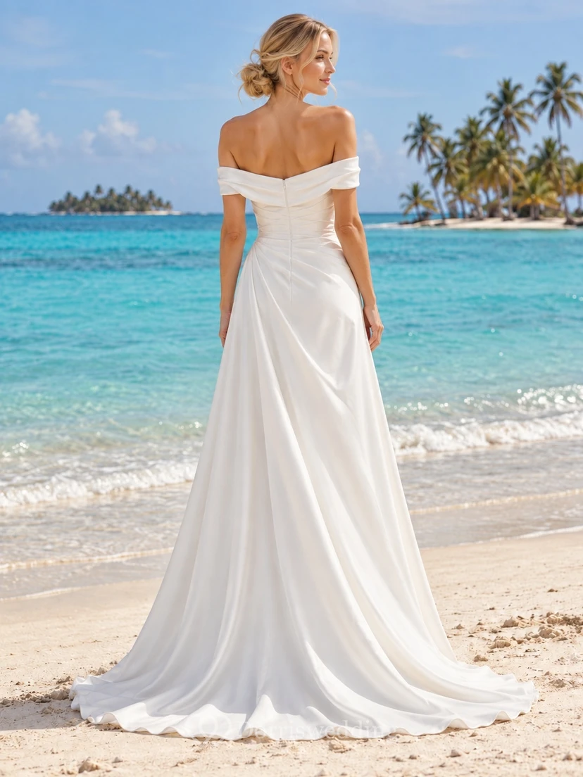 Schulterfreies Brautkleid aus Satin mit drapiertem Oberteil und gewickeltem A-Linien-Rock mit Schlitz view 2
