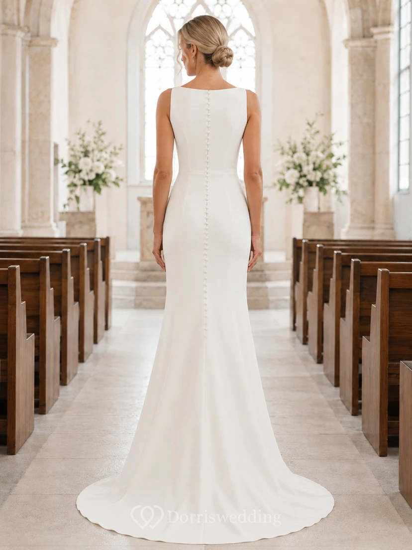 Vestido de novia sencillo sin mangas estilo barco de crepé estilo capilla view 2