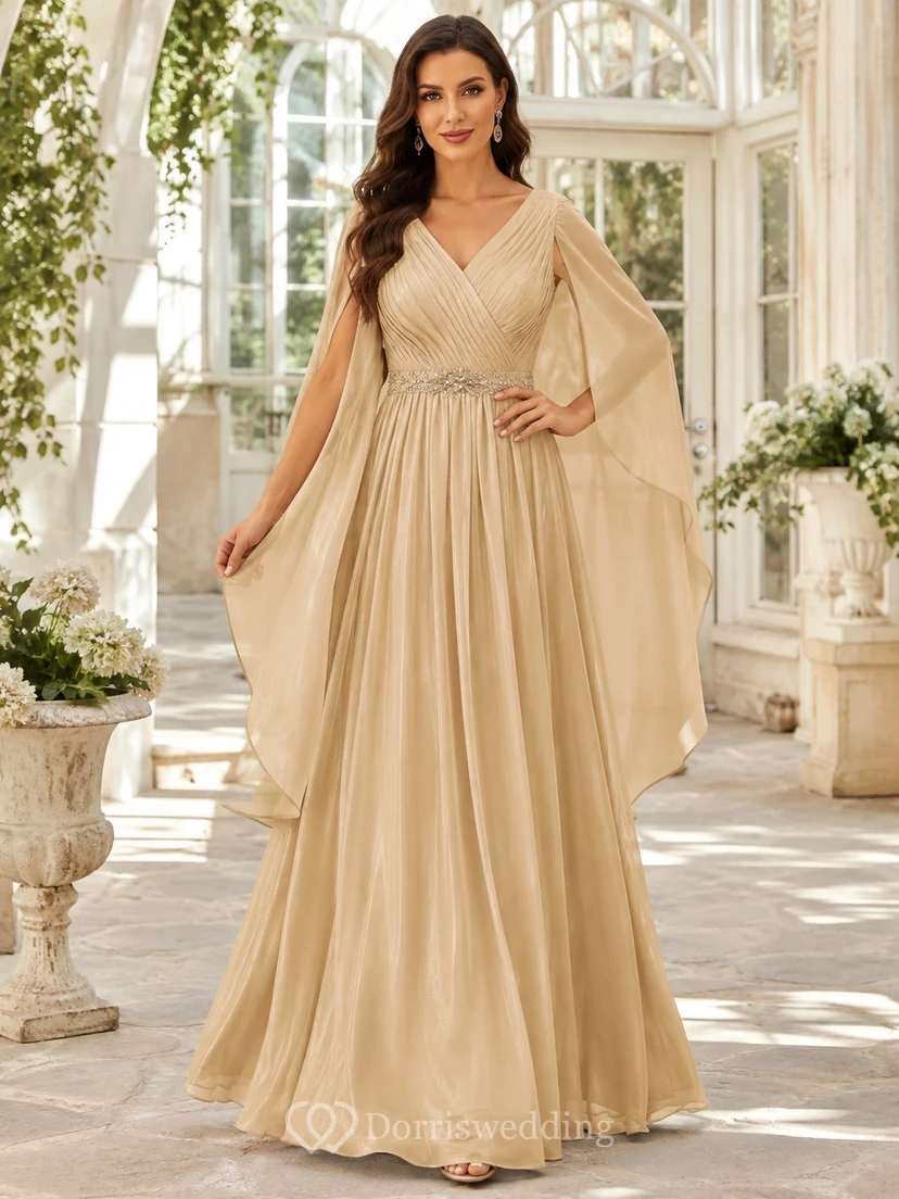 Champagne V-Neck Cape Sleeve Pleated Chiffon A-Line Floor-Length Formal Dress