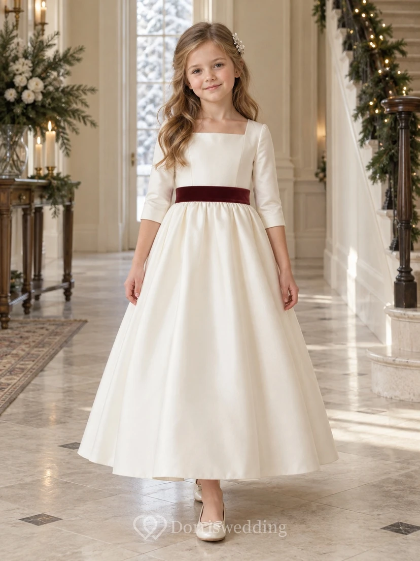 Elfenbeinfarbenes Satin-Kleid mit eckigem Ausschnitt, halben Ärmeln und burgunderfarbener Schärpe für Blumenmädchen