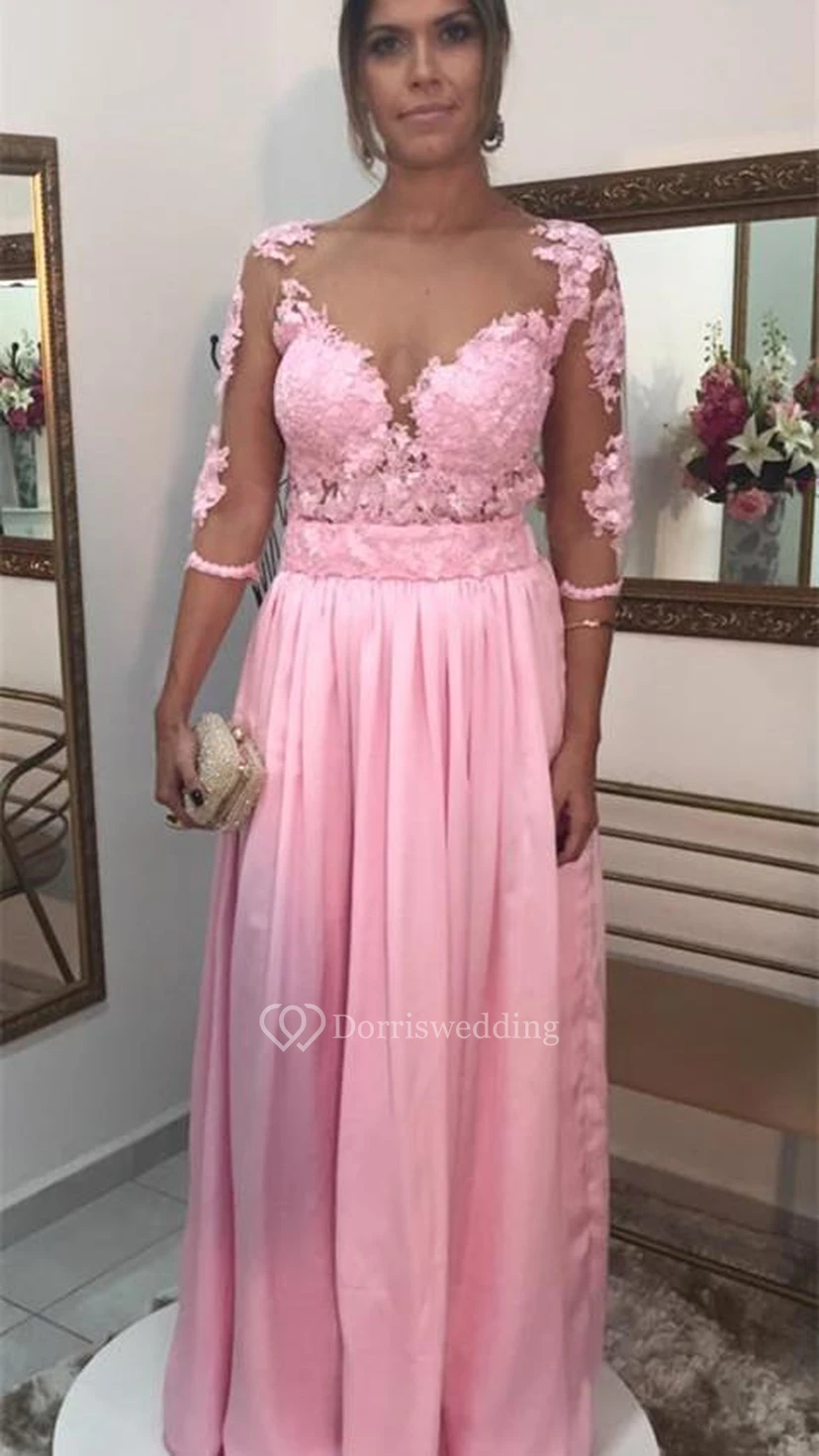 Timeless Lace Appliques Pink Evening Dress 3-4-Length Sleeve A-line