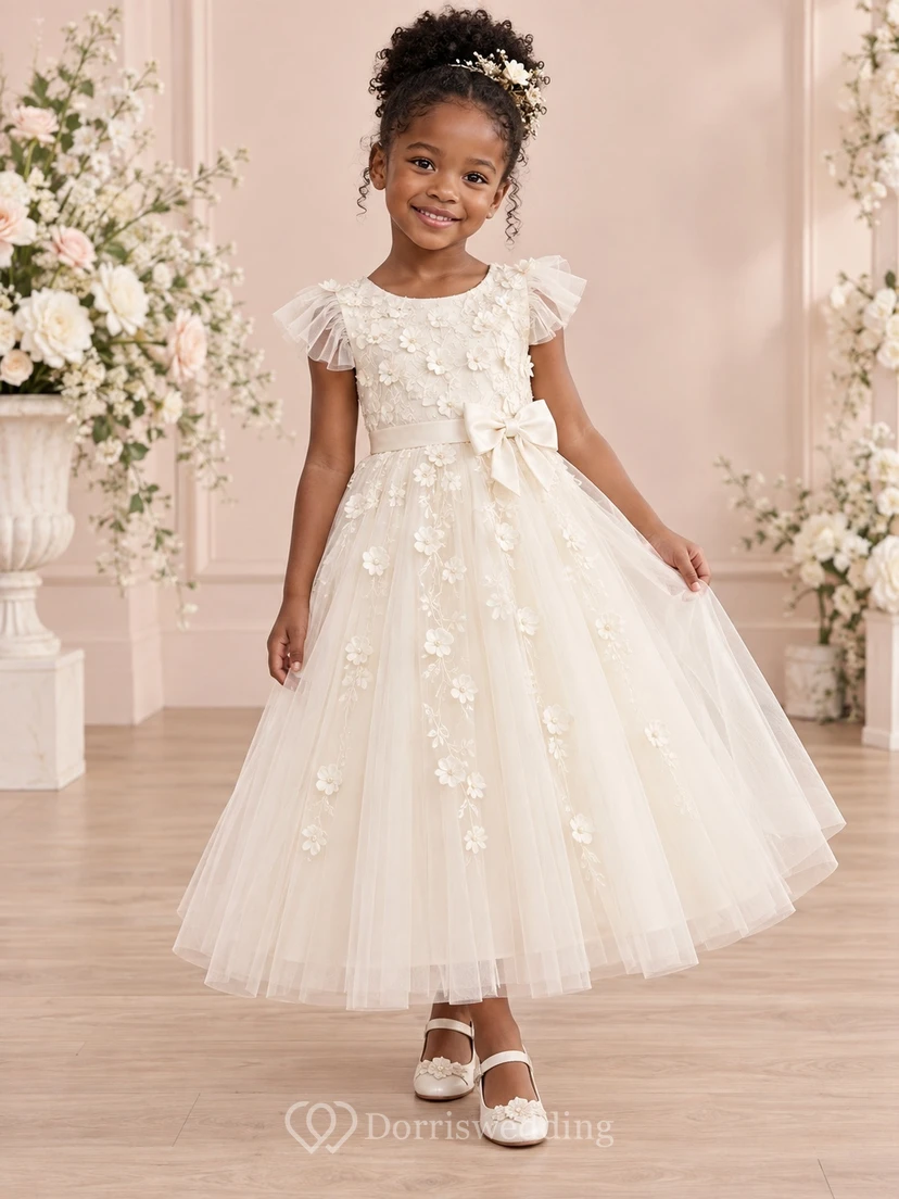 Tea-length Ivory A-line Floral Tulle Ruffle-sleeve Sashed Bow-back Flower Girl Dress