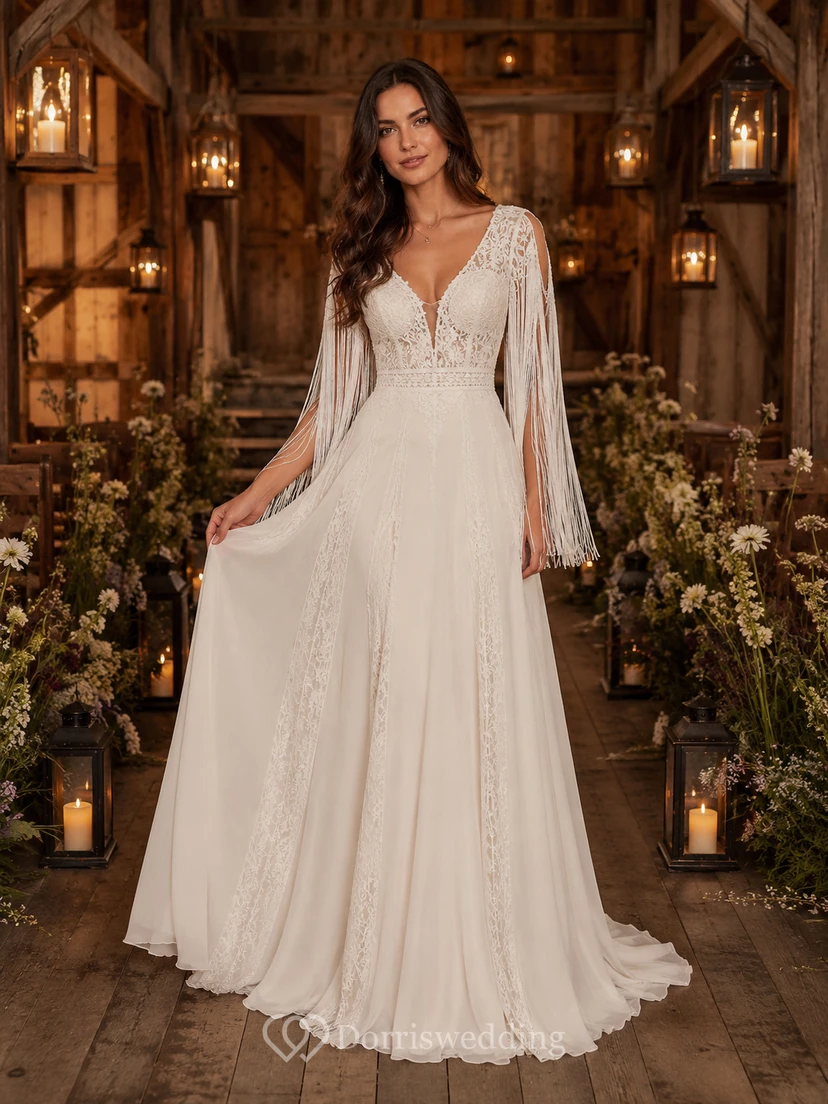 Robe de mariée bohème rustique à col en V et manches cloche, coupe trapèze