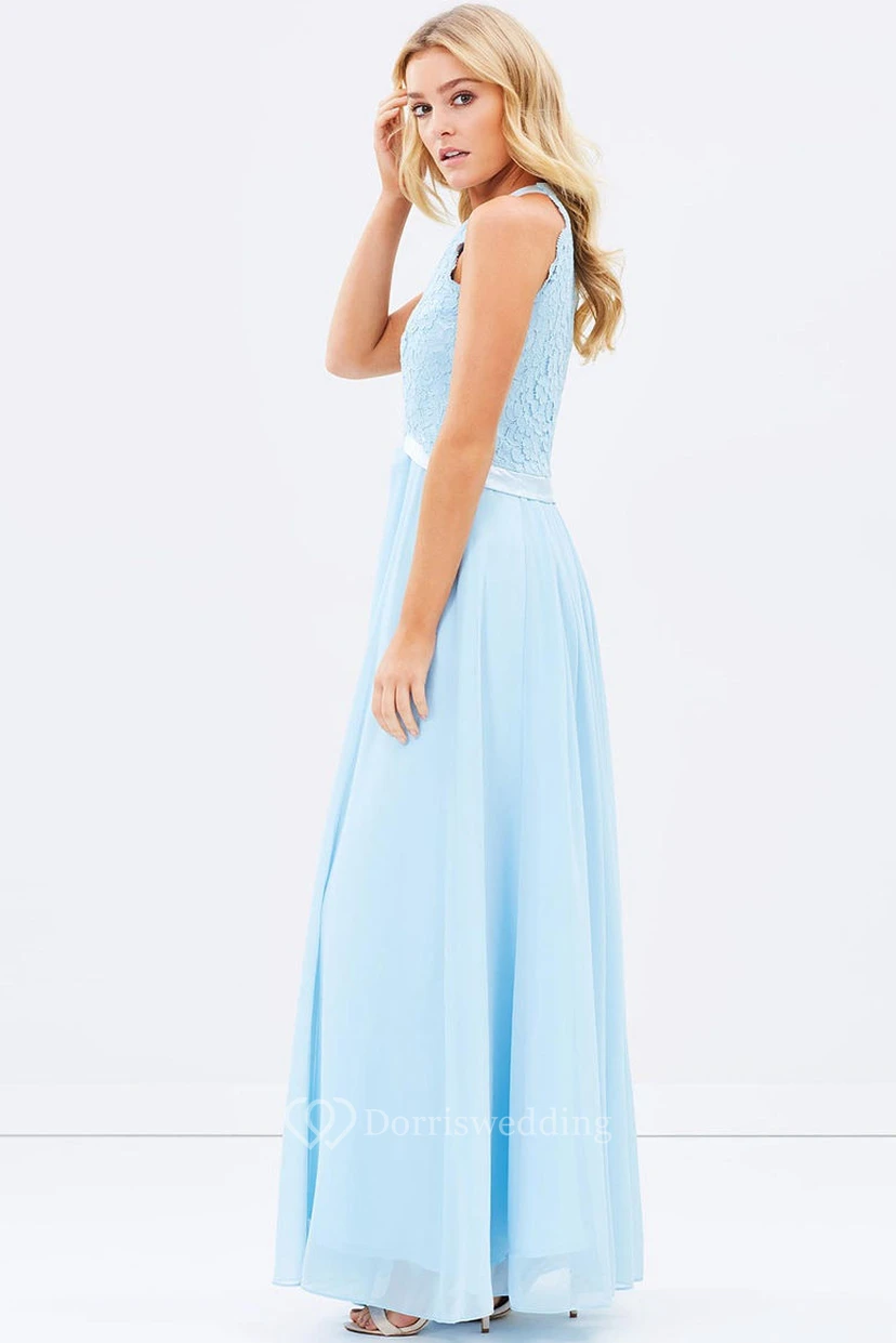 Appliqued Scoop Neck Sleeveless Chiffon Blue Bridesmaid Dress With Ribbon view 3