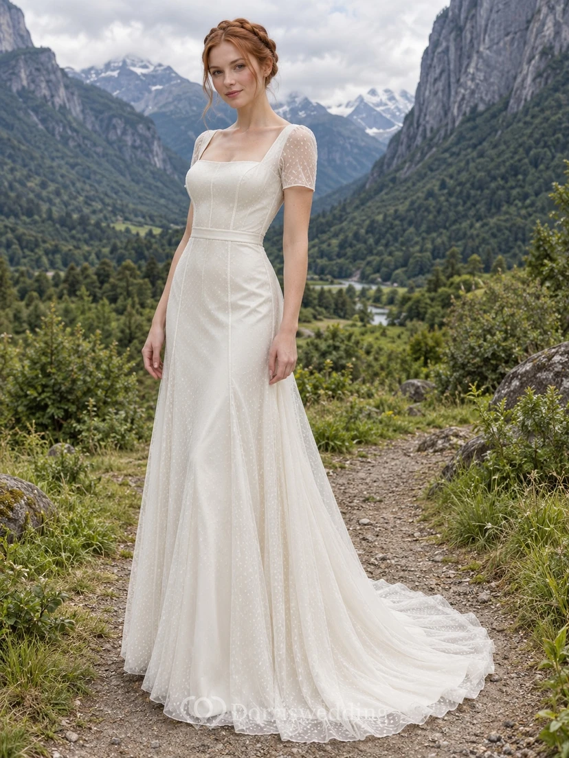 Vestido de novia sencillo de tul con escote cuadrado, corte en A, mangas cortas con lunares y cintura estrecha.