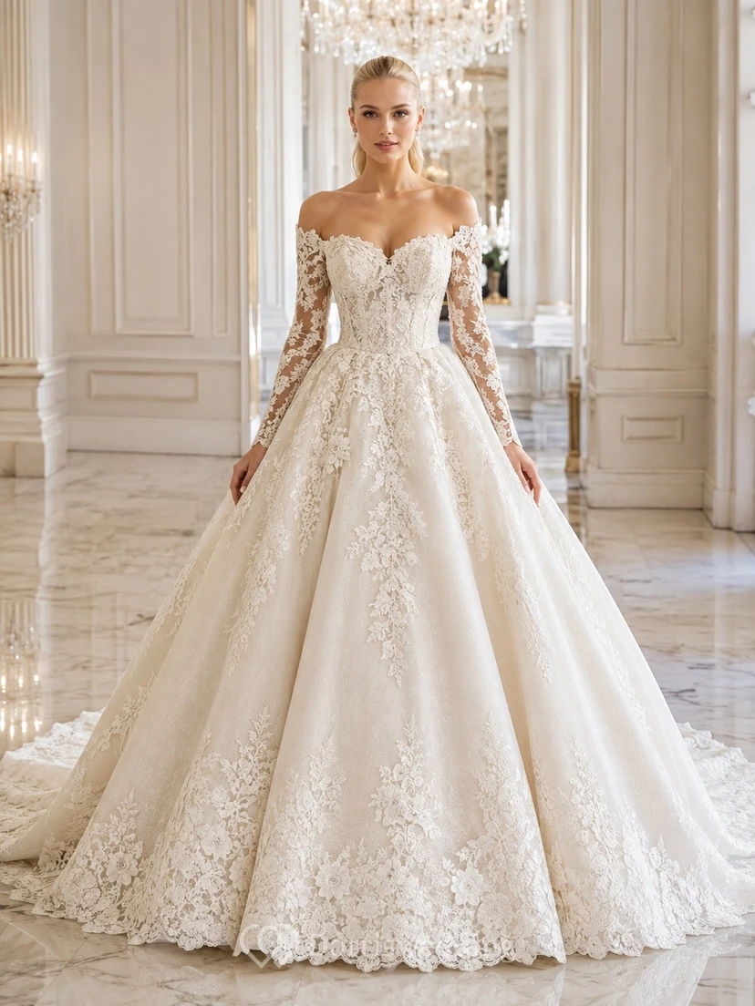 Romantisches Ballkleid mit Kathedralenschleppe aus Spitze