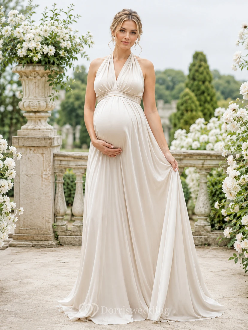 Maternity Halter V-Neck Empire Chiffon A-Line Wedding Dress