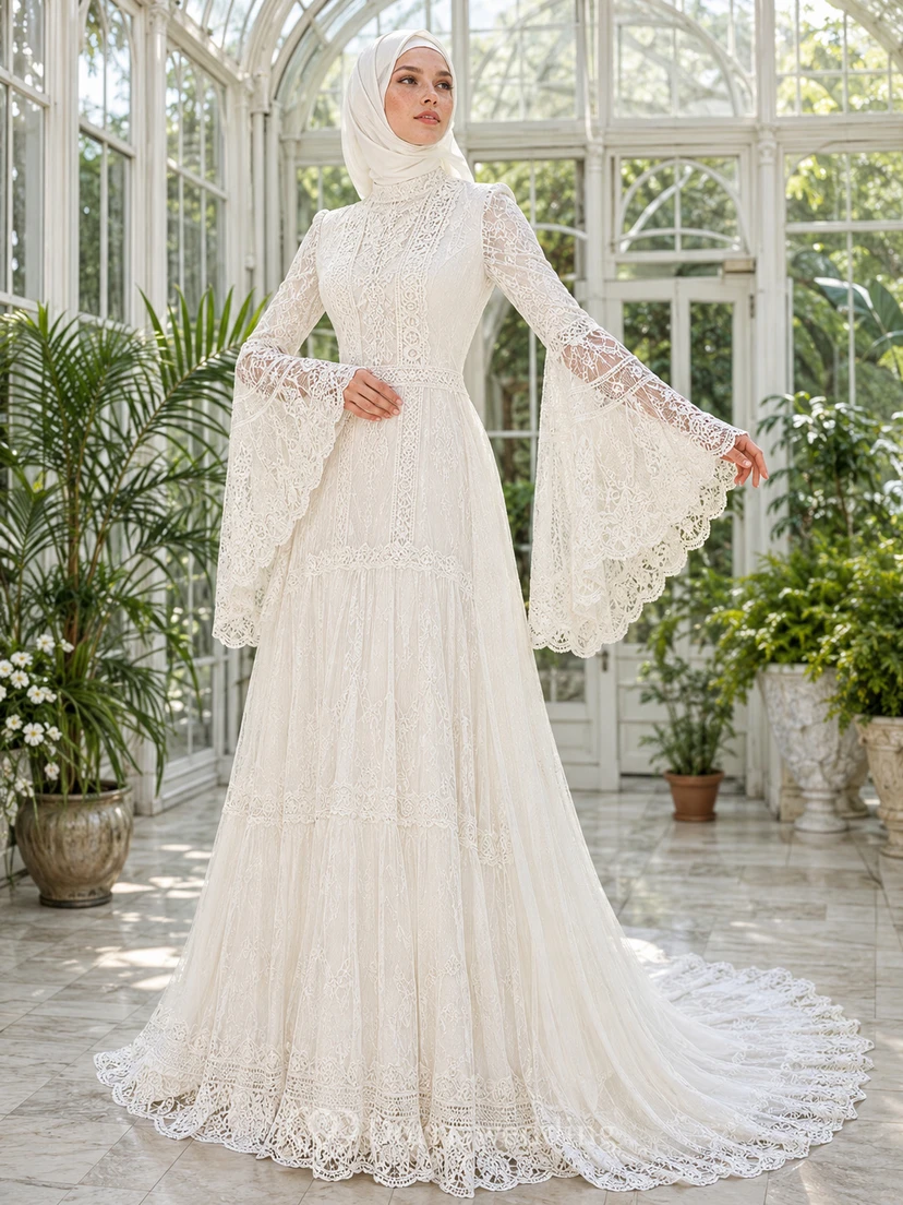 Modest Muslim Bell Sleeve Greenhouse Lace Bridal Gown