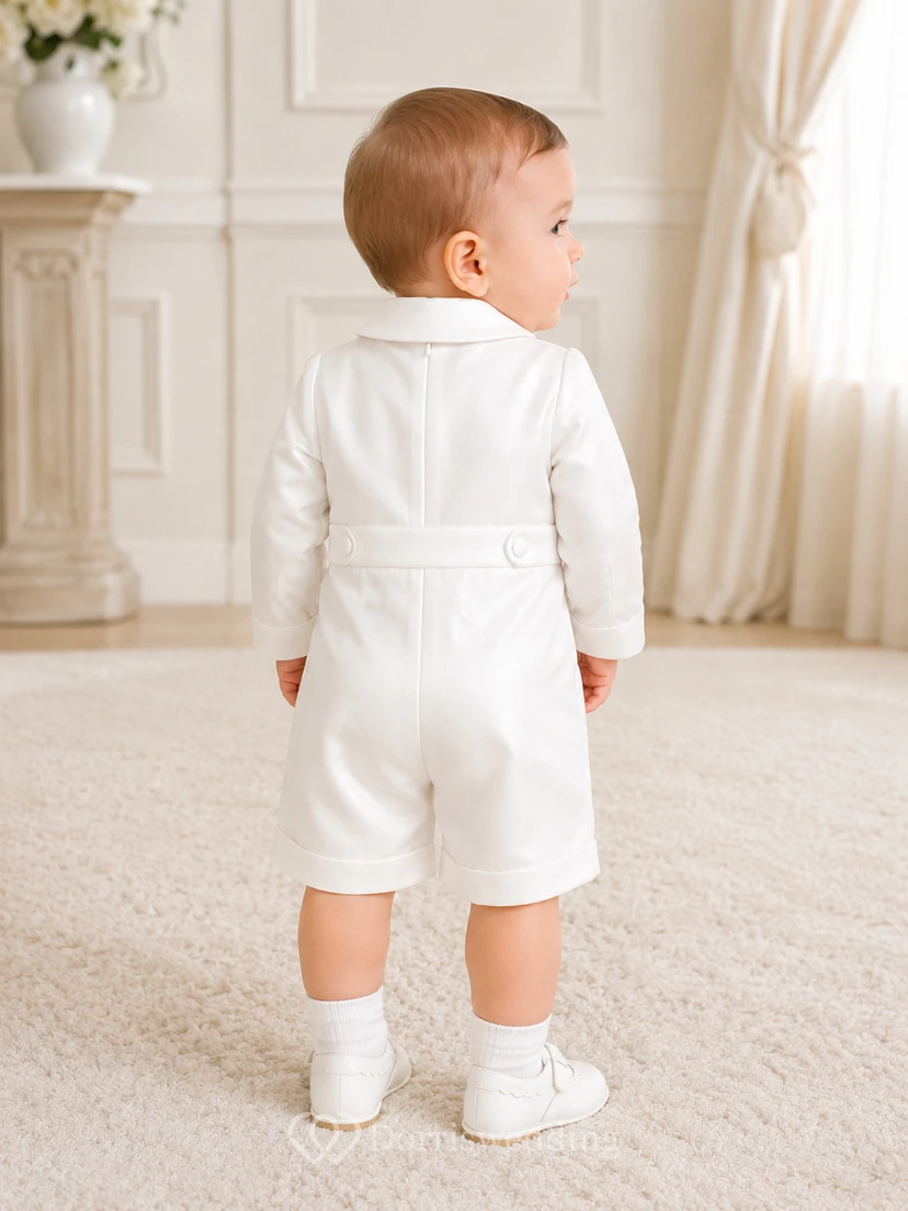 White Peter Collar Long Sleeve Button Christening Short Set for Baby Boy view 2