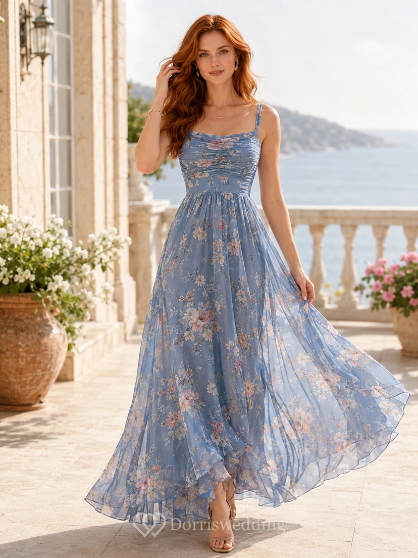 Blue Floral Spaghetti Strap Chiffon Destination Maxi Dress