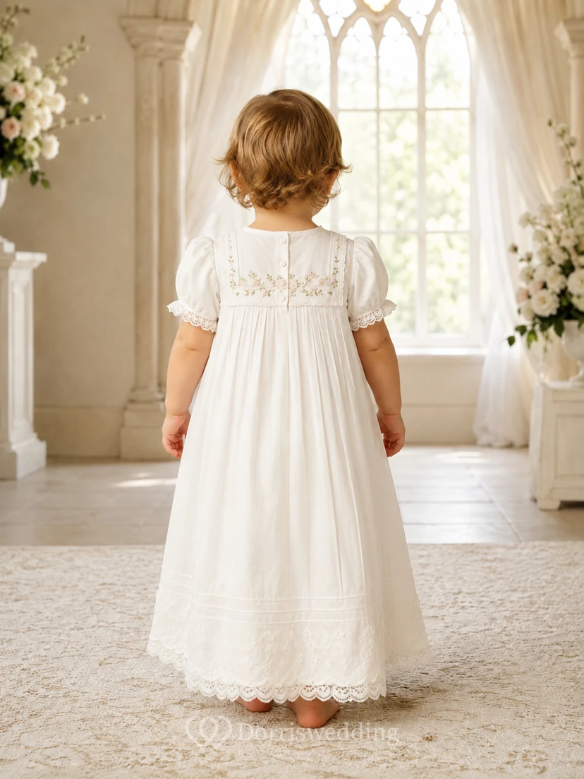 Vintage Christening Gown A-Line Cotton Lace Jewel Neck Short Sleeve Smocked view 2