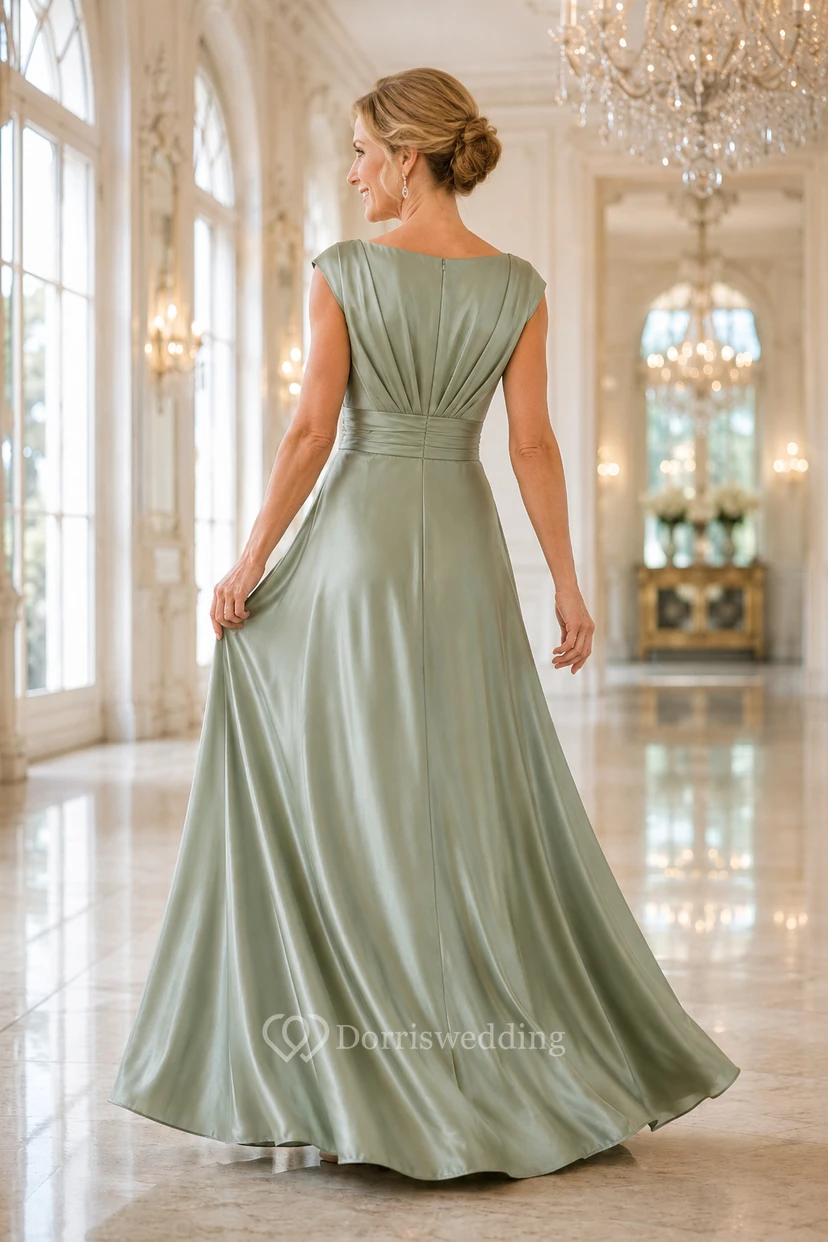 Sage Satin A-Line Mother Dress with Bateau Neck and Pleated Bodice view 2