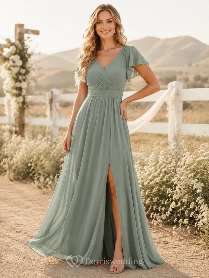 Western Sage Off-Shoulder Chiffon A-Line Floor-Length Slit Guest Dress