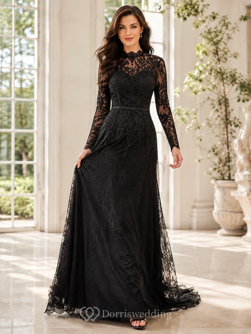 Black Lace High-Neck Long-Sleeve A-Line Sweep-Train Formal Dress