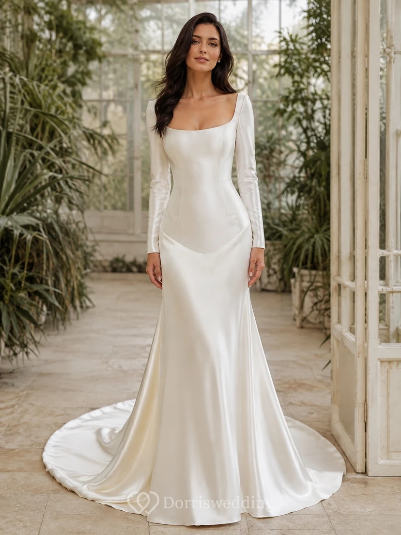 Vestido de novia modesto de manga larga, escote cuadrado y cintura baja curvada